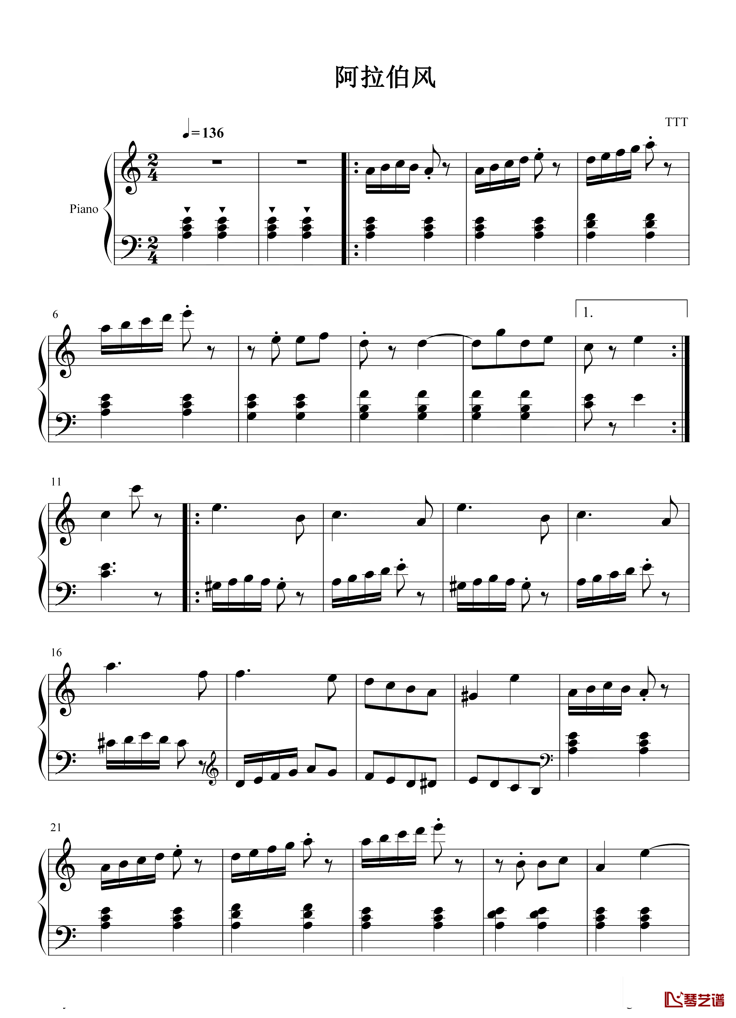 阿拉伯风格曲钢琴谱-布格缪勒-经典的教学钢琴小品1
