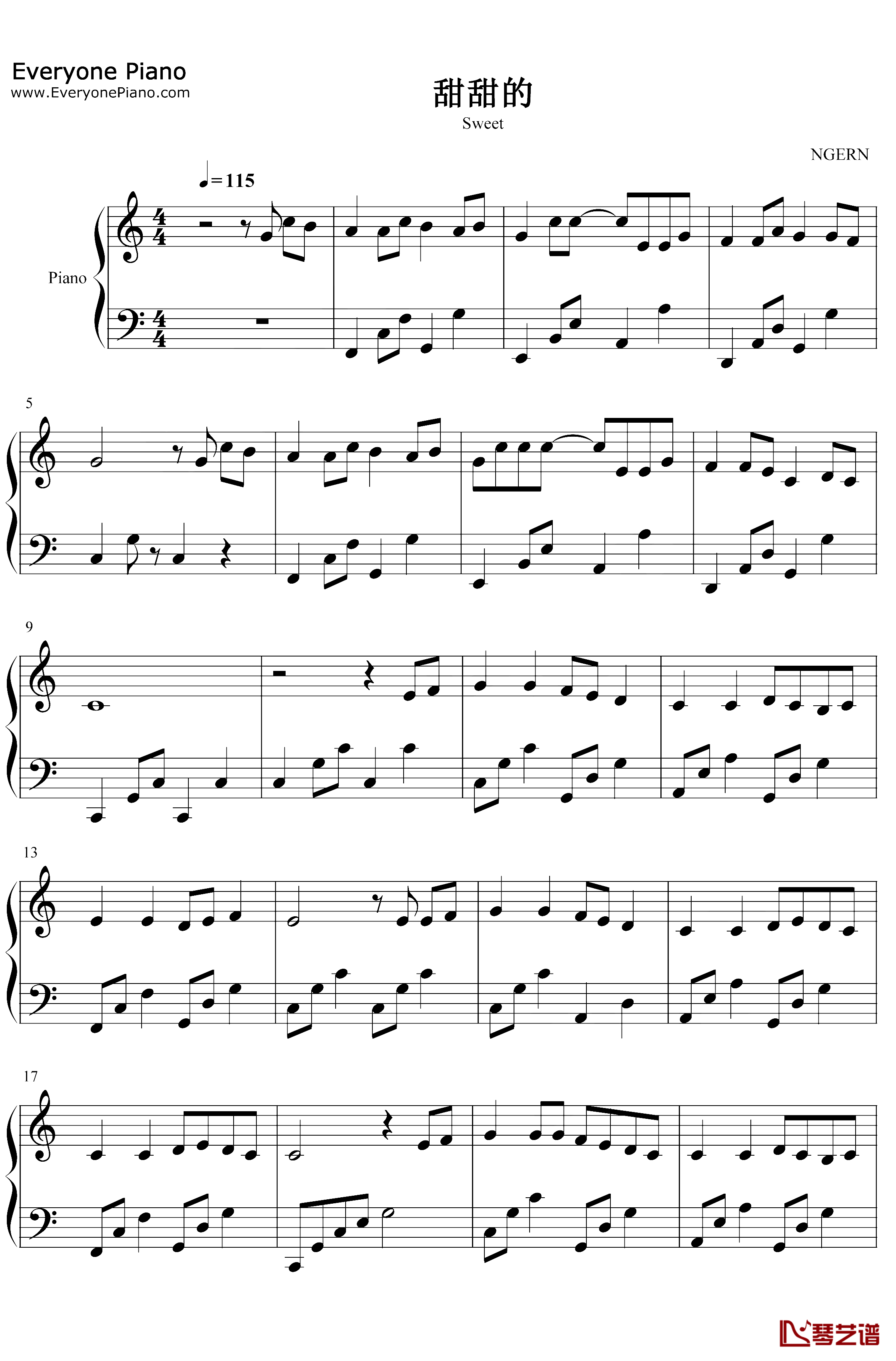 甜甜的钢琴谱-周杰伦-C调简单版1