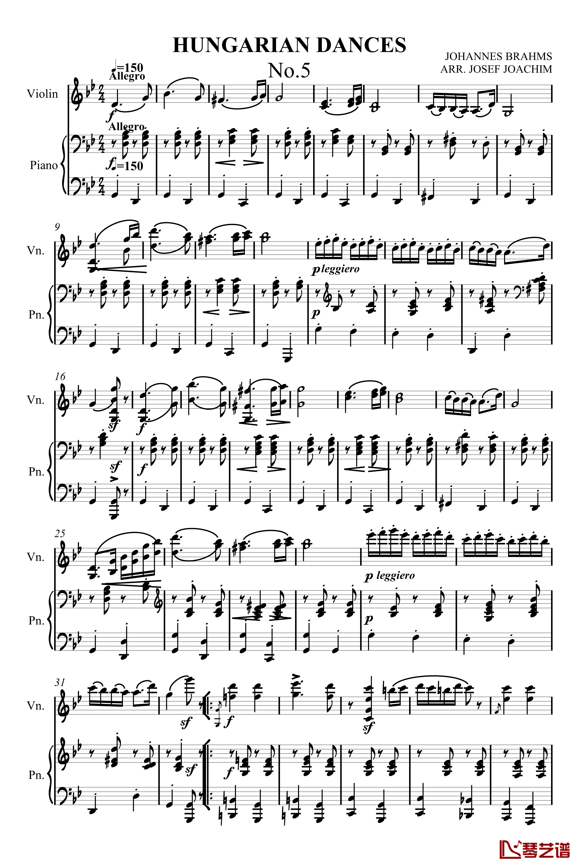 匈牙利舞曲第五号钢琴谱-勃拉姆斯-小提琴-Brahms1