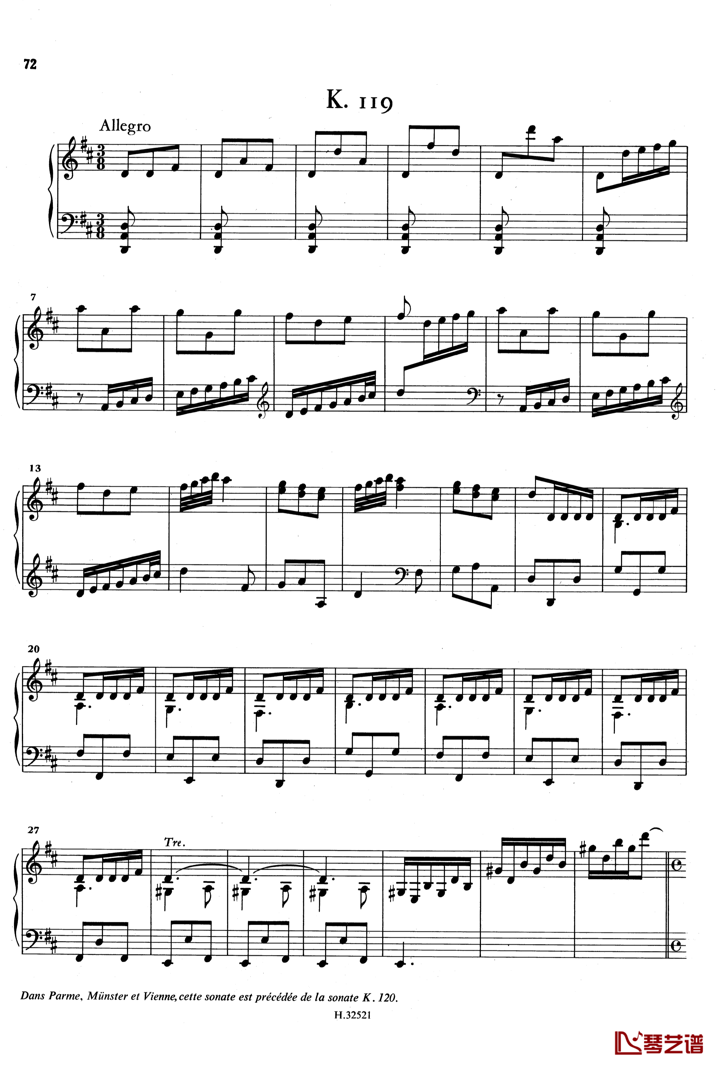D大调奏鸣曲K.119钢琴谱-斯卡拉蒂1