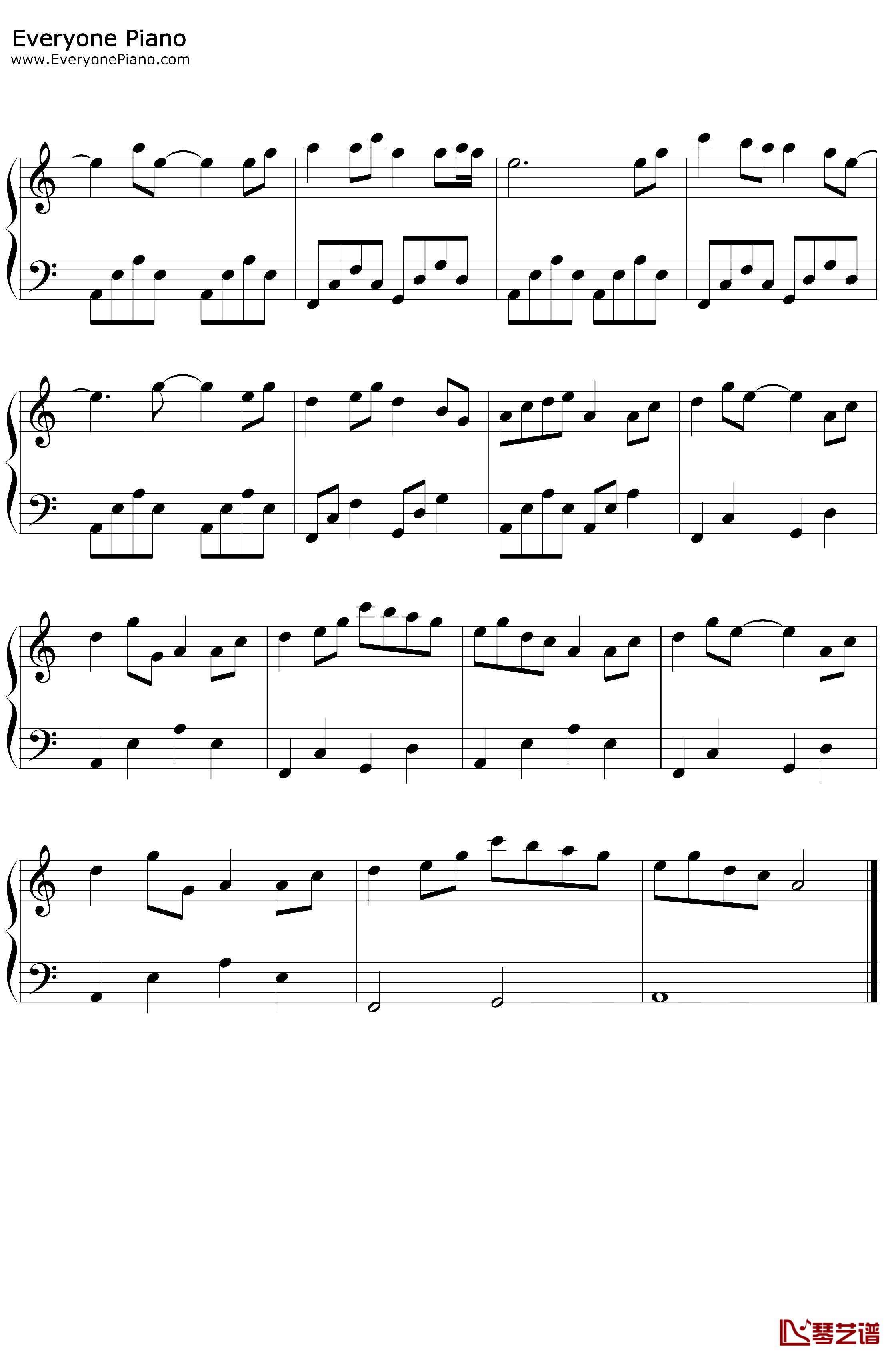 采薇钢琴谱-HITA-C调简单版2