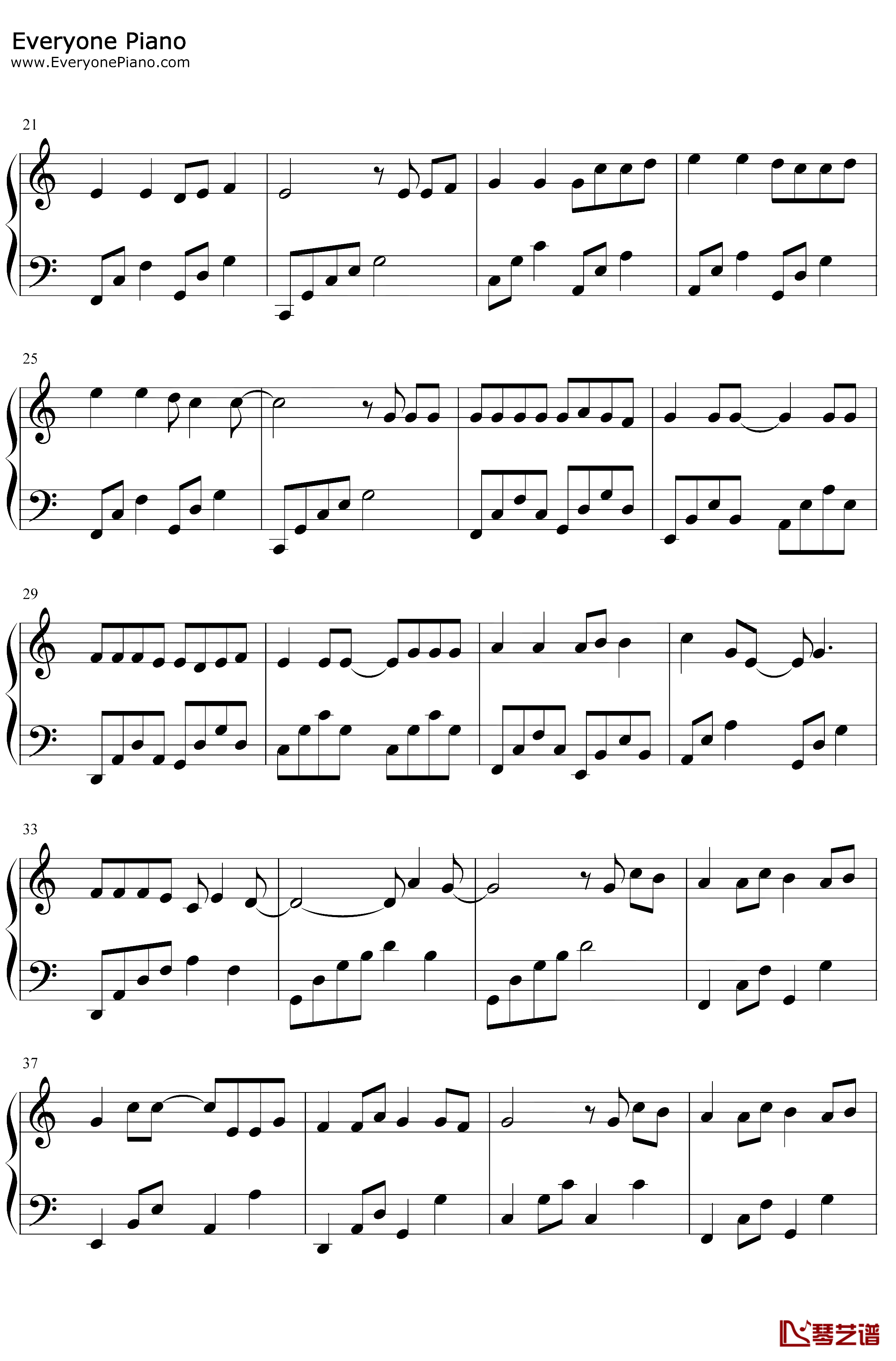 甜甜的钢琴谱-周杰伦-C调简单版2