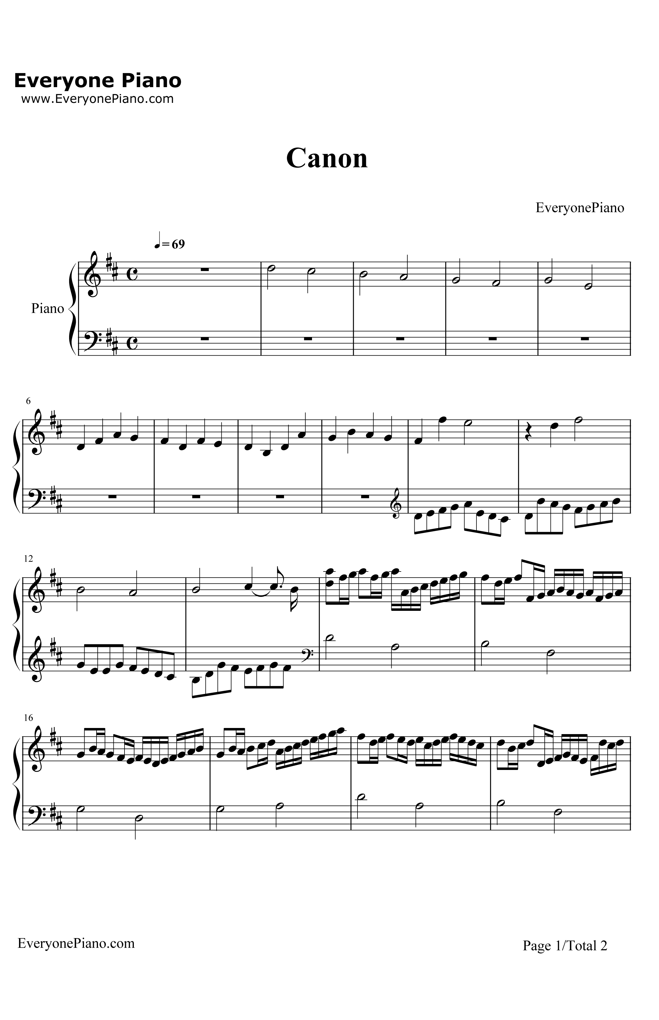 卡农D调简单版钢琴谱-帕海贝尔1