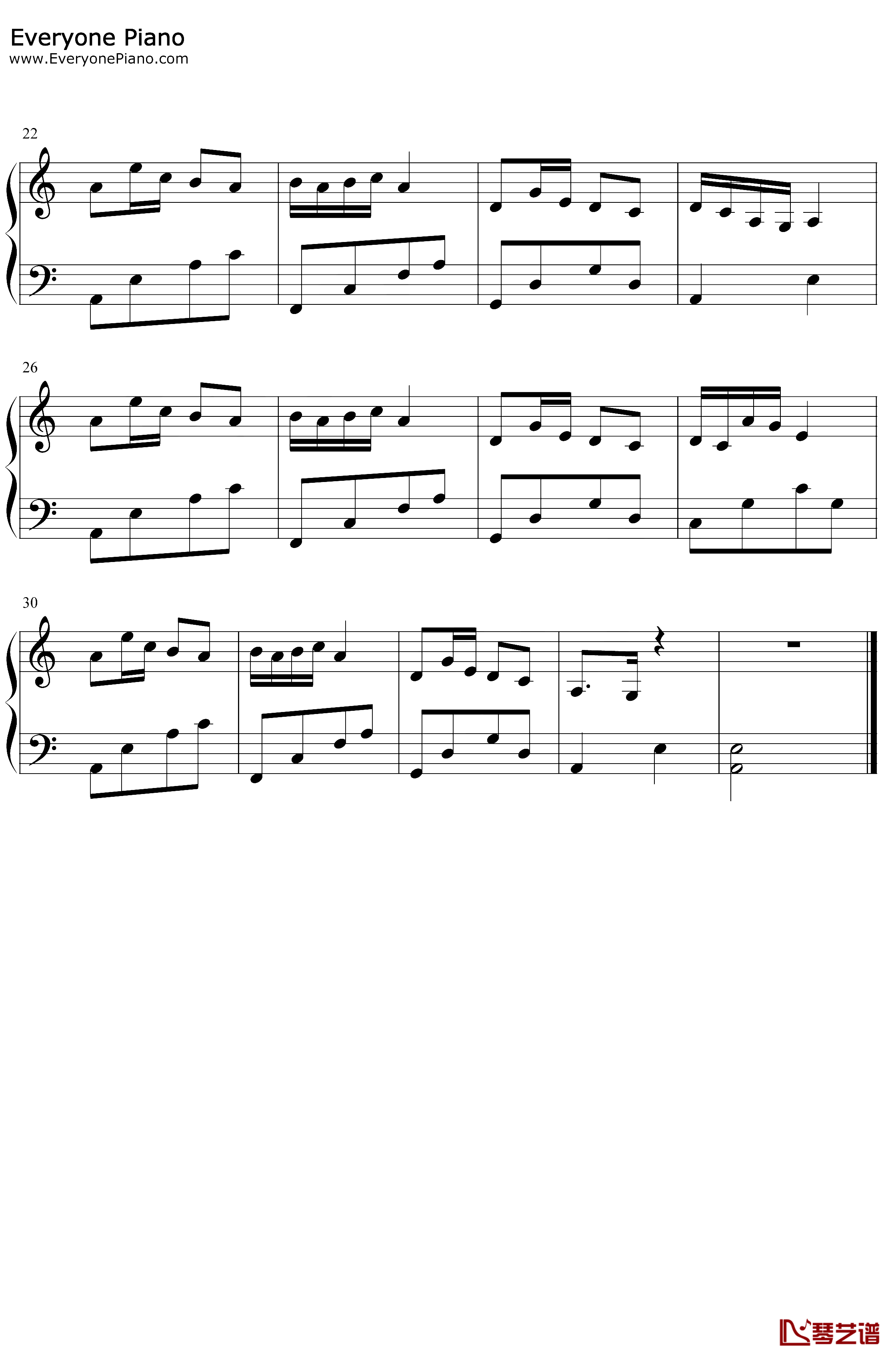 惊鸿一面钢琴谱-许嵩黄龄-C调简单版2