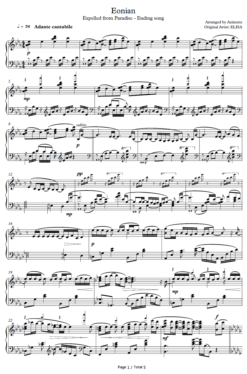 EONIAN钢琴谱-ELISA-イオニアン-乐园追放主题曲1