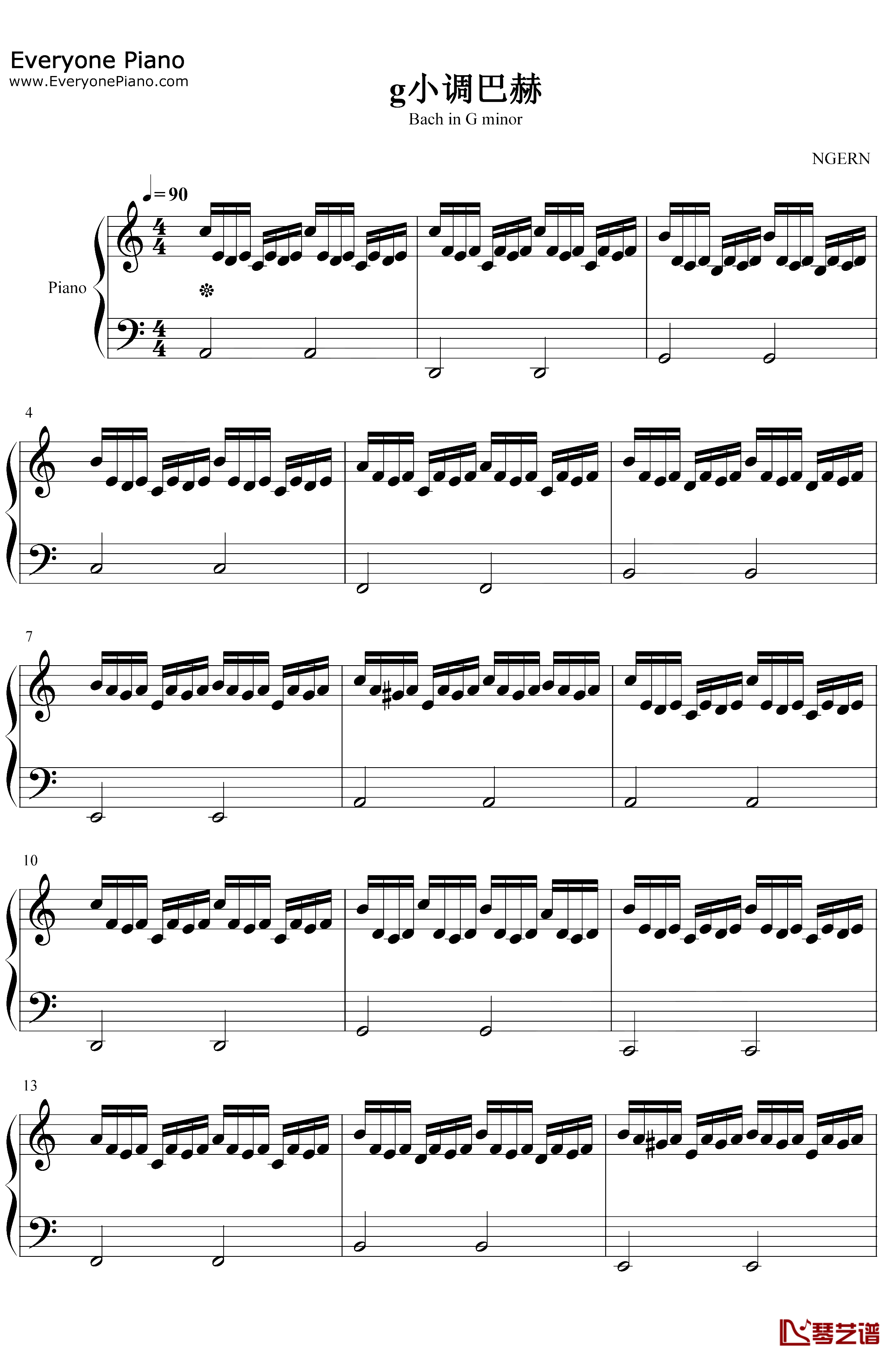g小调巴赫钢琴谱-巴赫-C调简单版1
