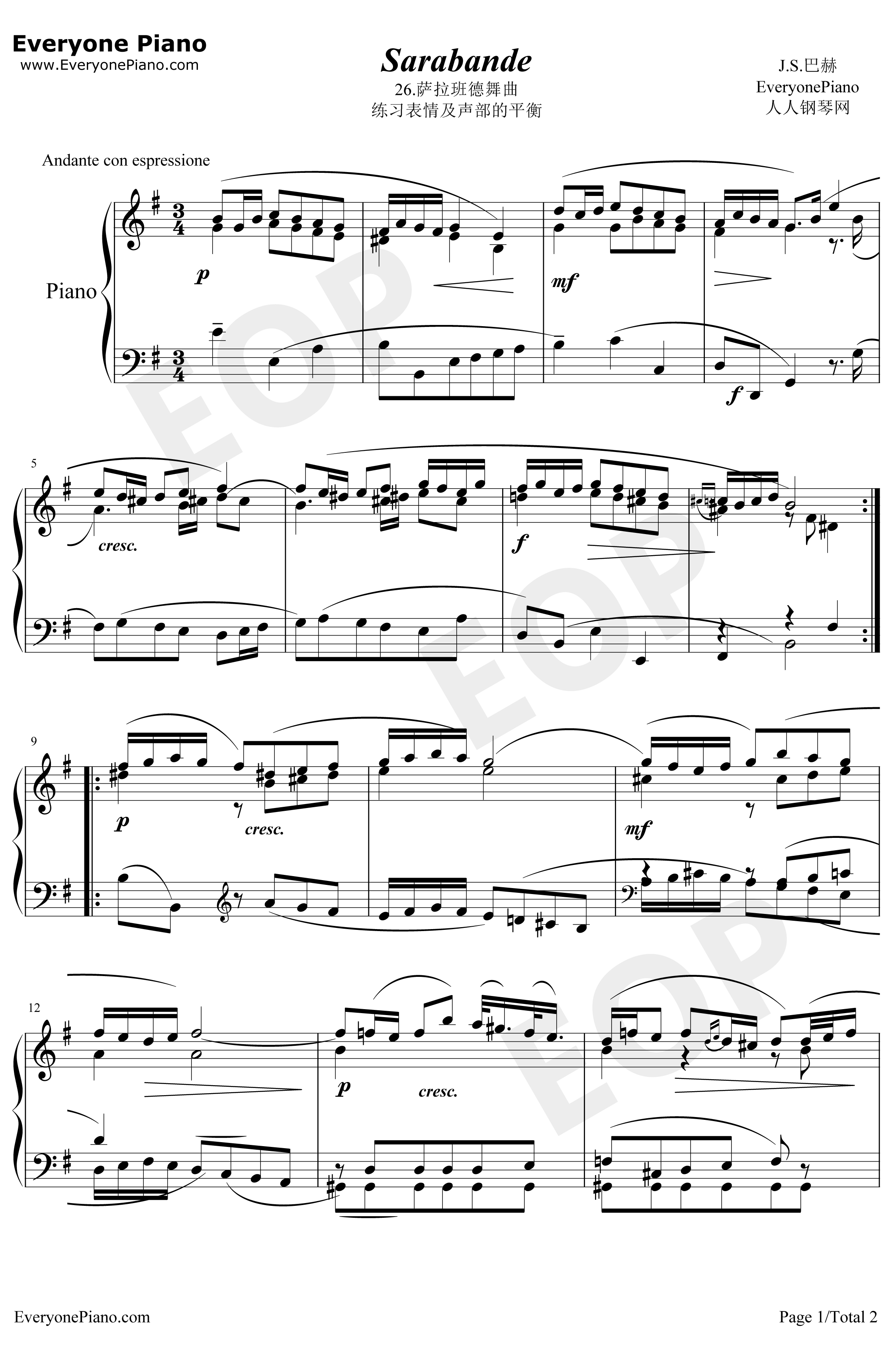 萨拉班德舞曲26钢琴谱-巴赫-巴赫初级钢琴曲集1