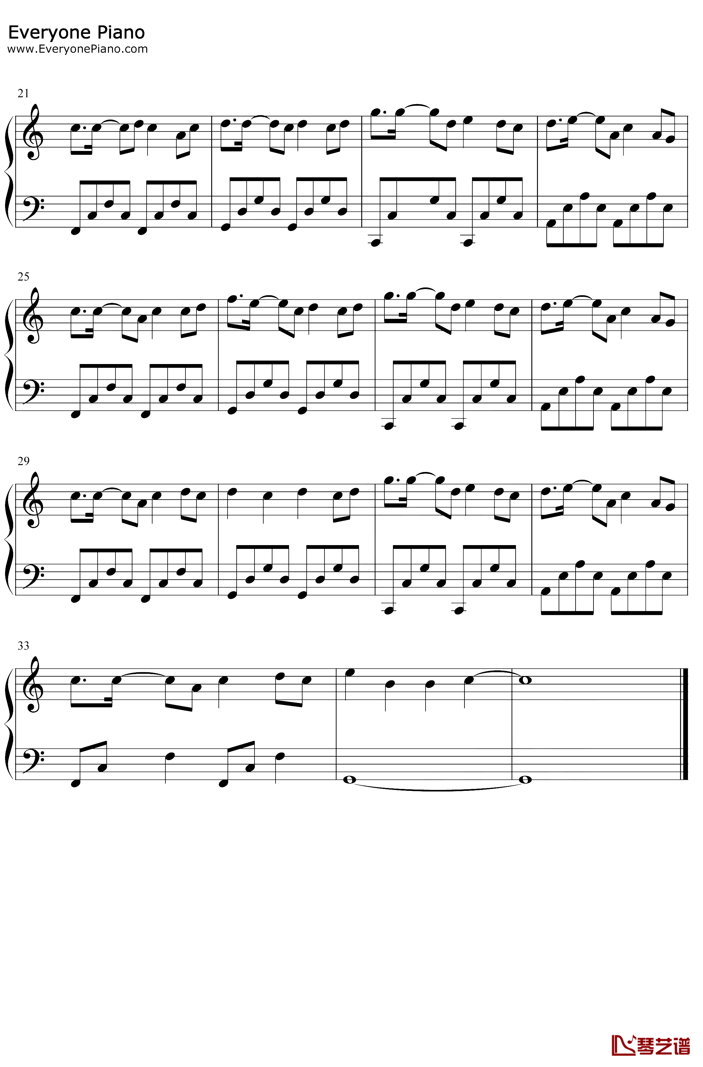 七月上钢琴谱-Jam-C调简单版2