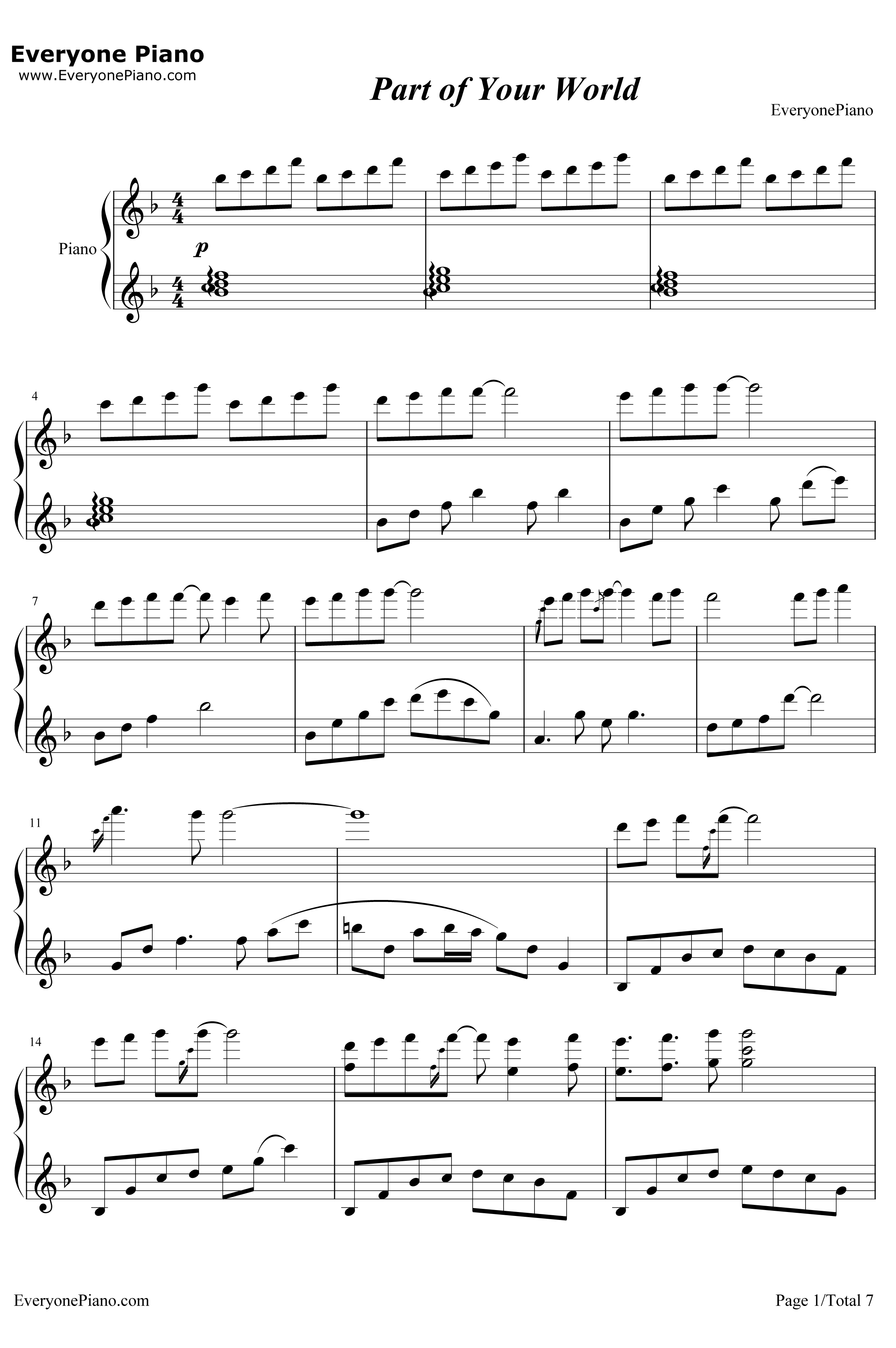 Part of Your World钢琴谱-AlanMenken-动画片《小美人鱼》插曲1