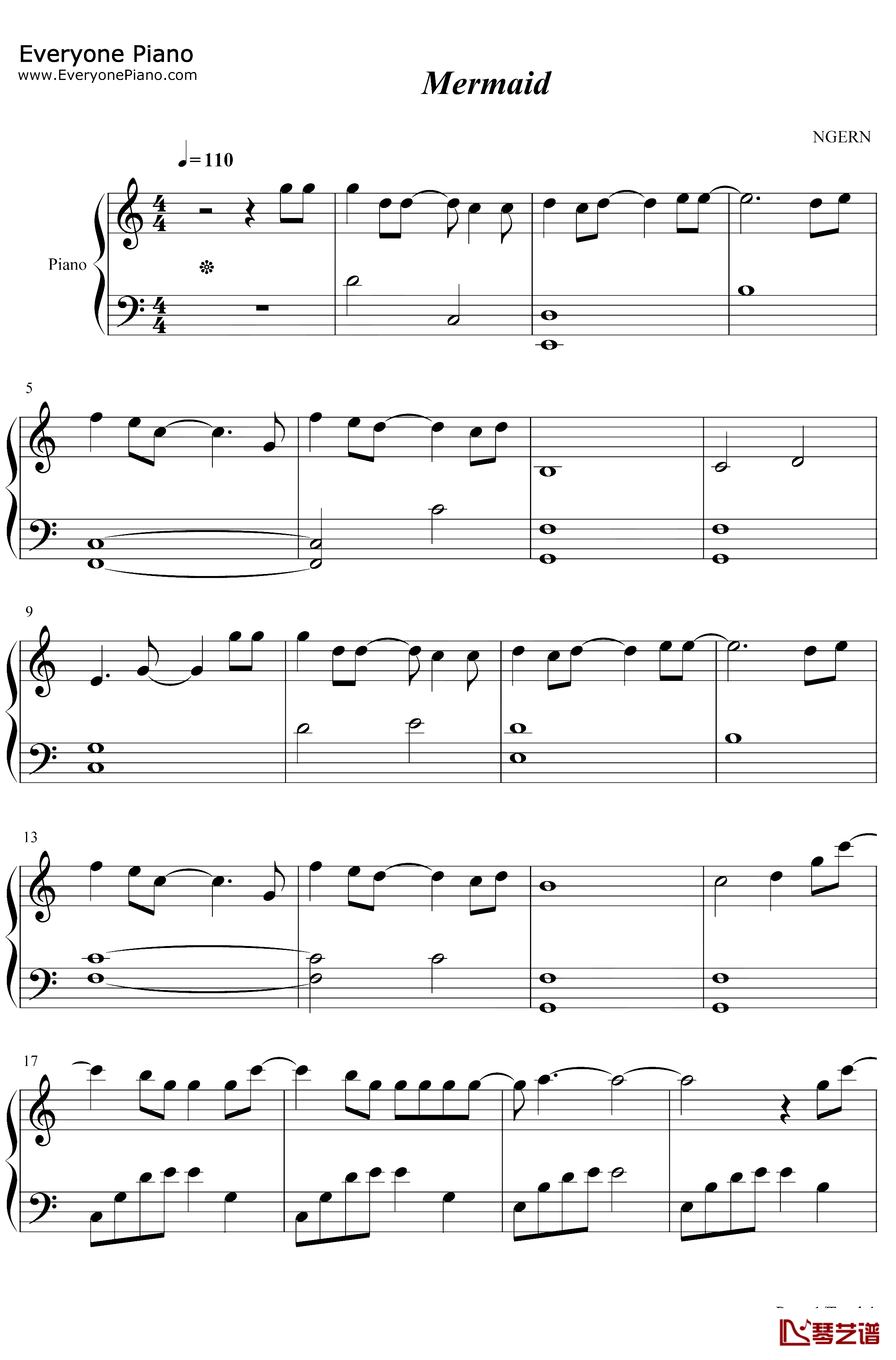Mermaid钢琴谱-脸红的思春期-C调简单版1