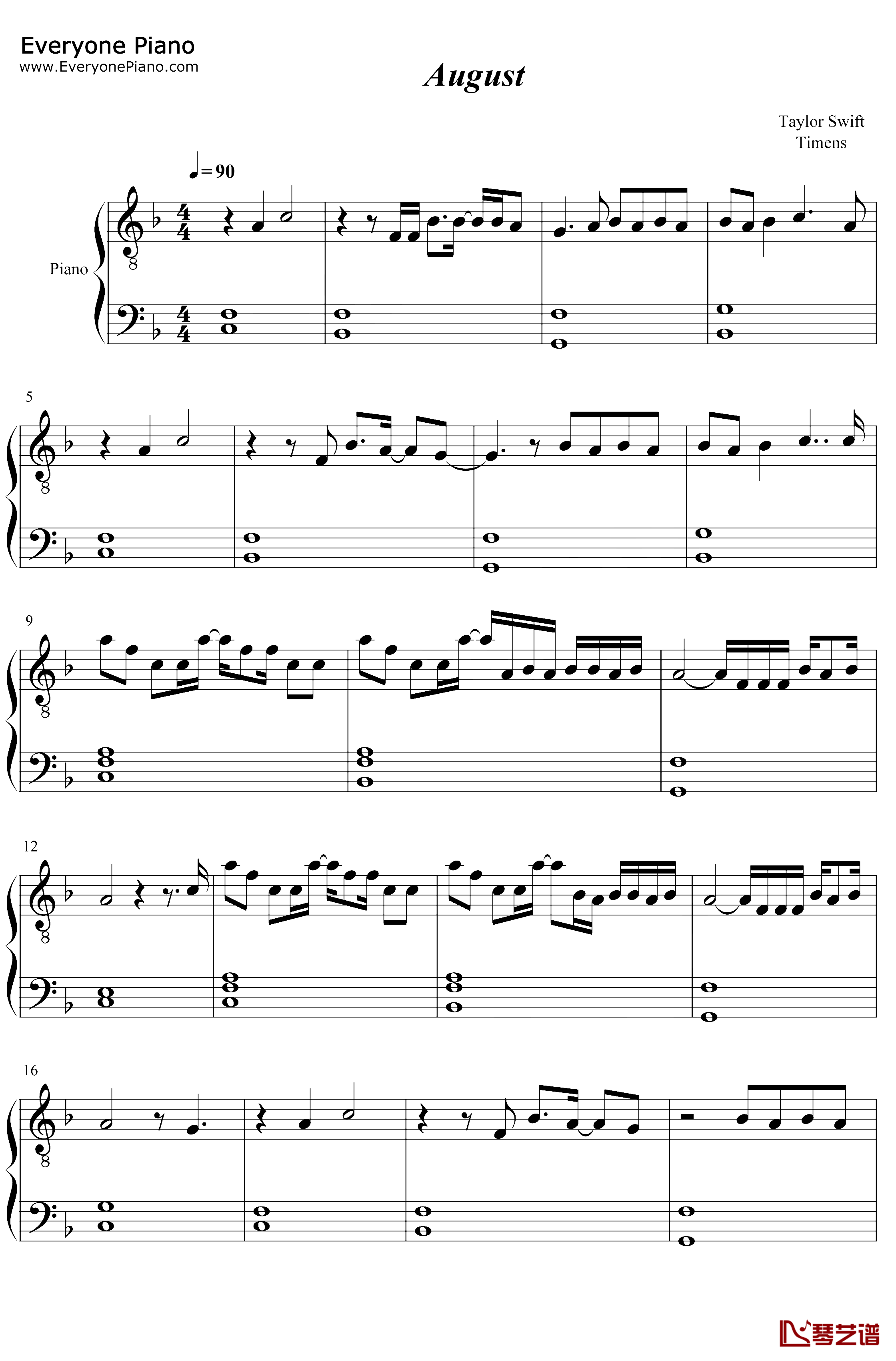 August钢琴谱-Taylor Swift1