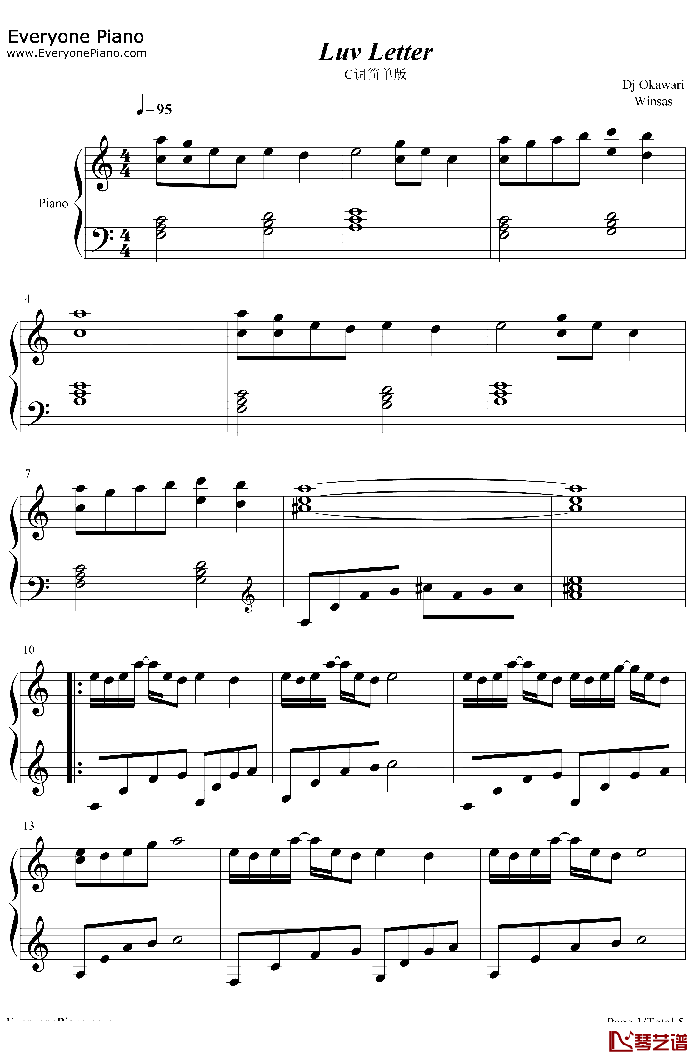 情书钢琴谱-DjOkawari-LuvLetter-C调简单版1
