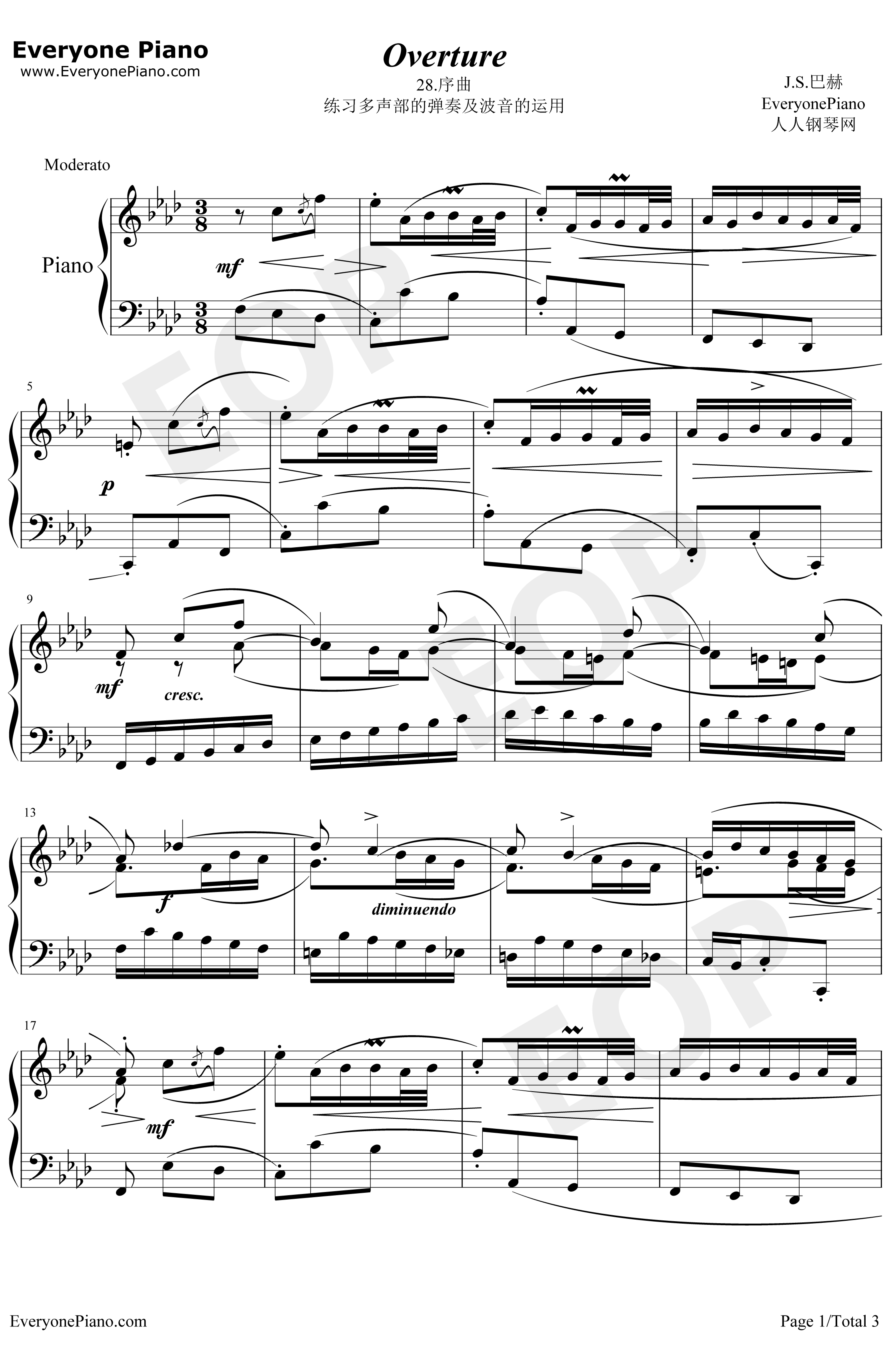 序曲28钢琴谱-巴赫-巴赫初级钢琴曲集1