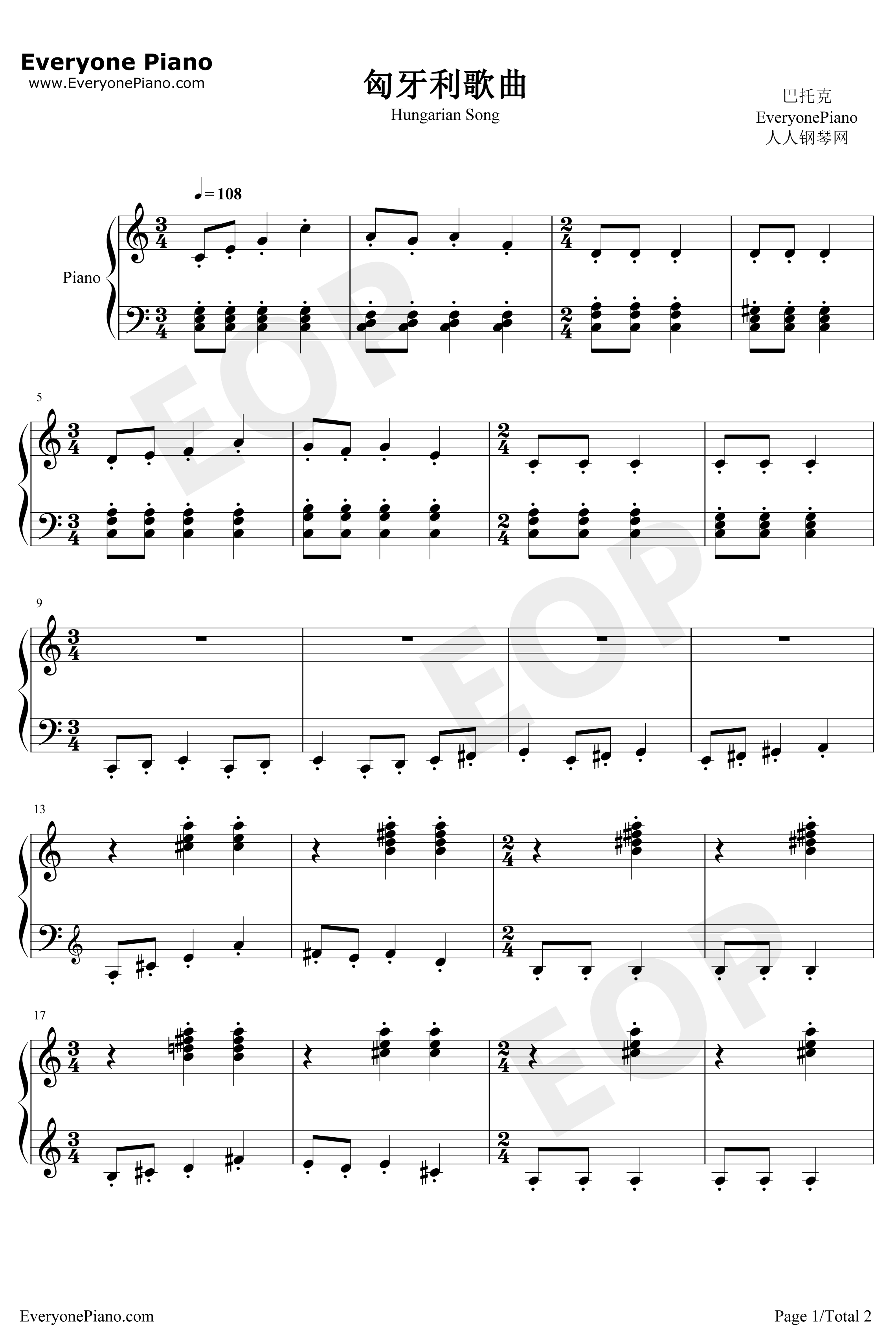 匈牙利歌曲钢琴谱-巴托克1