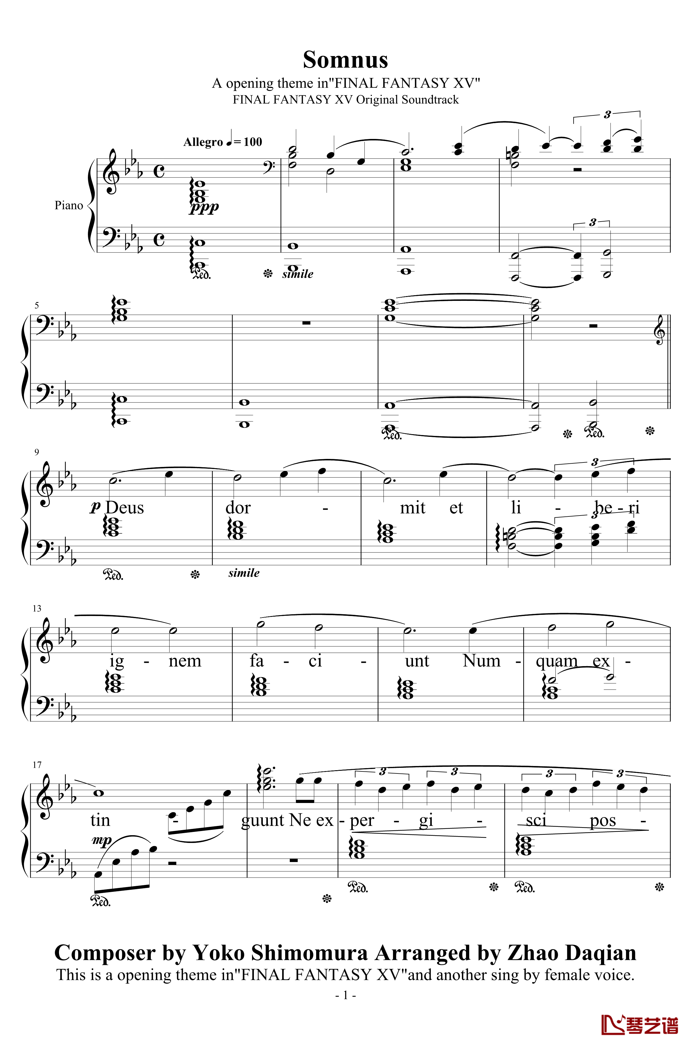 Somnus钢琴谱-最终幻想15主题曲-下村阳子1