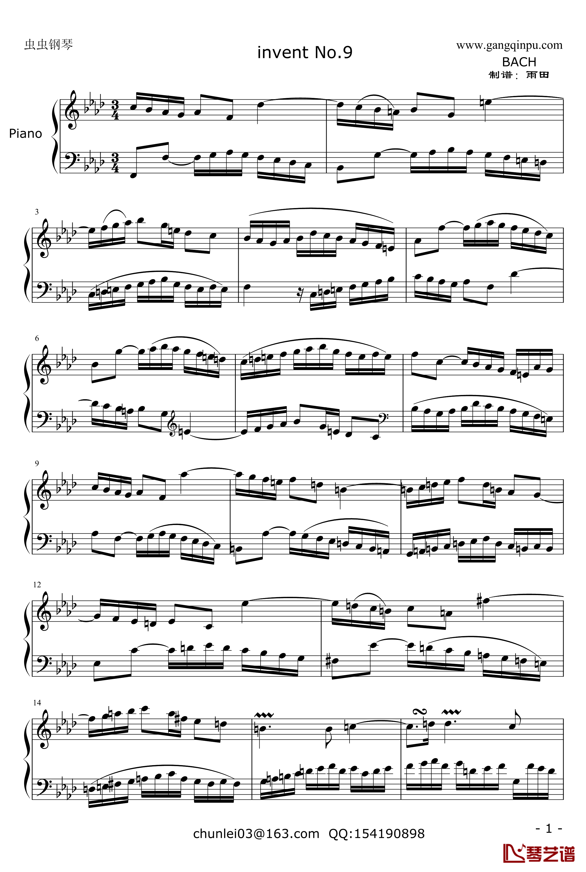 二部创意NO.9 钢琴谱-巴赫-P.E.Bach-第九首1