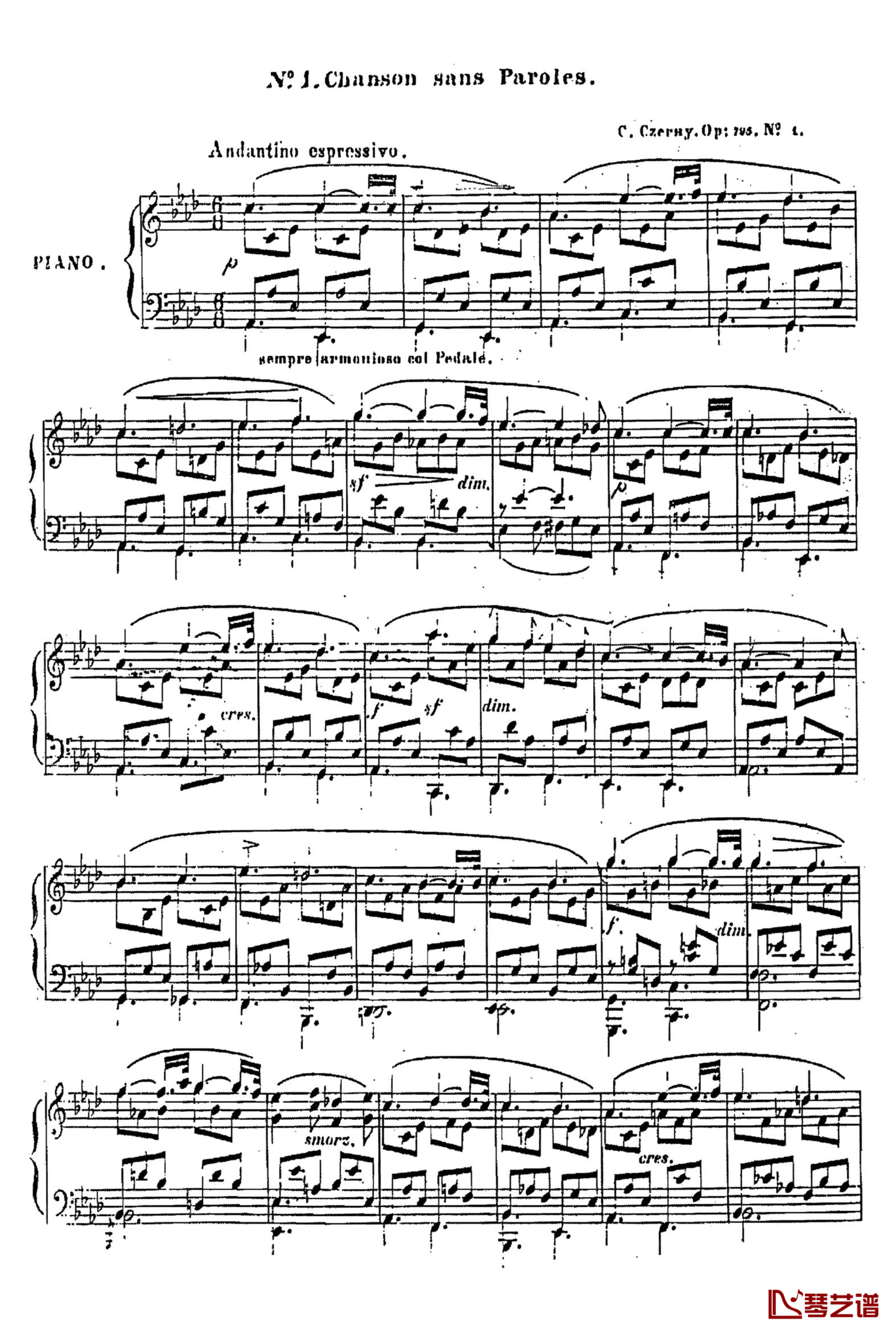 降A大调无词歌Op.795 No.1钢琴谱-车尔尼-Czerny1