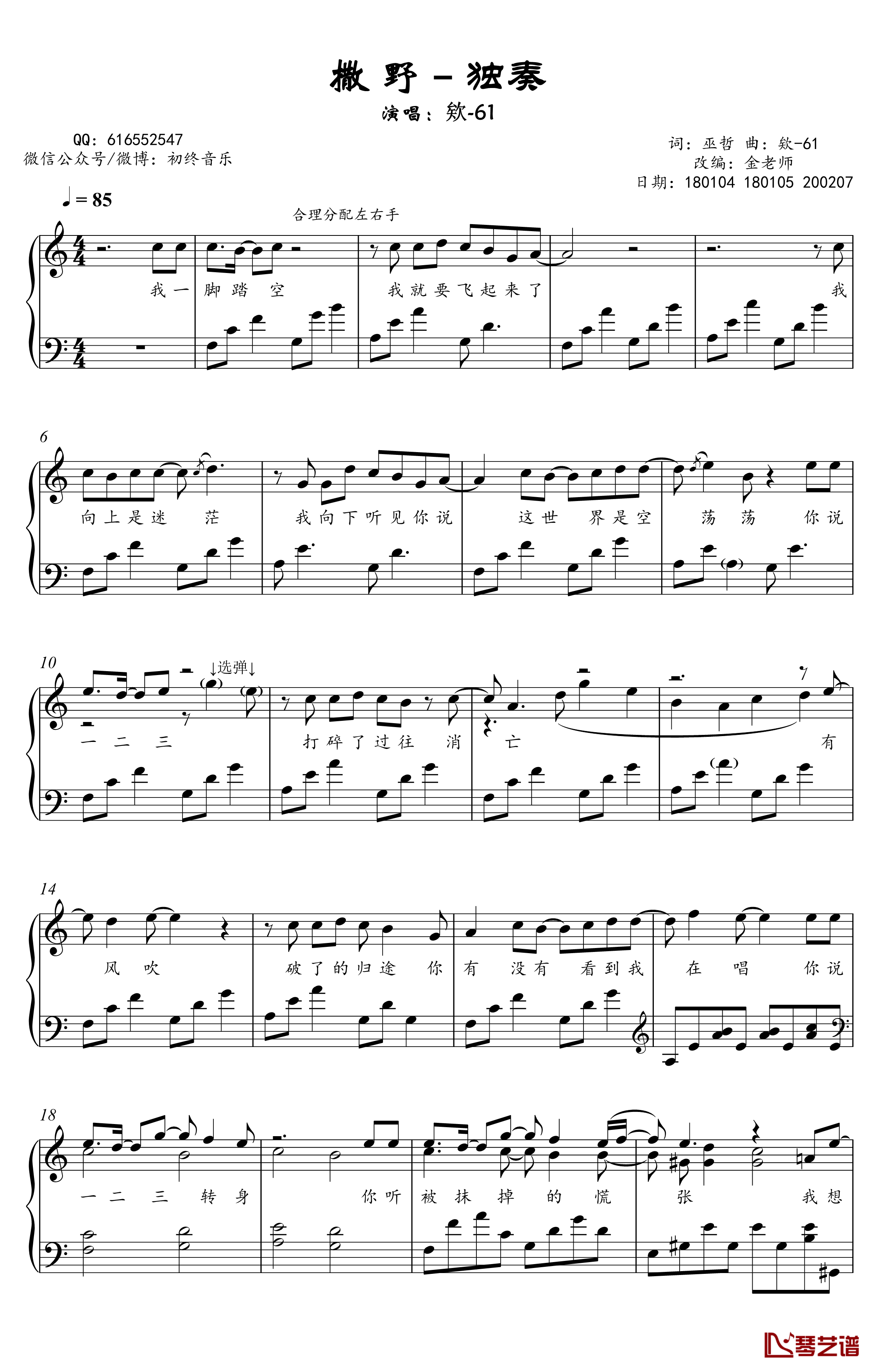撒野钢琴谱-金老师独奏谱2002072