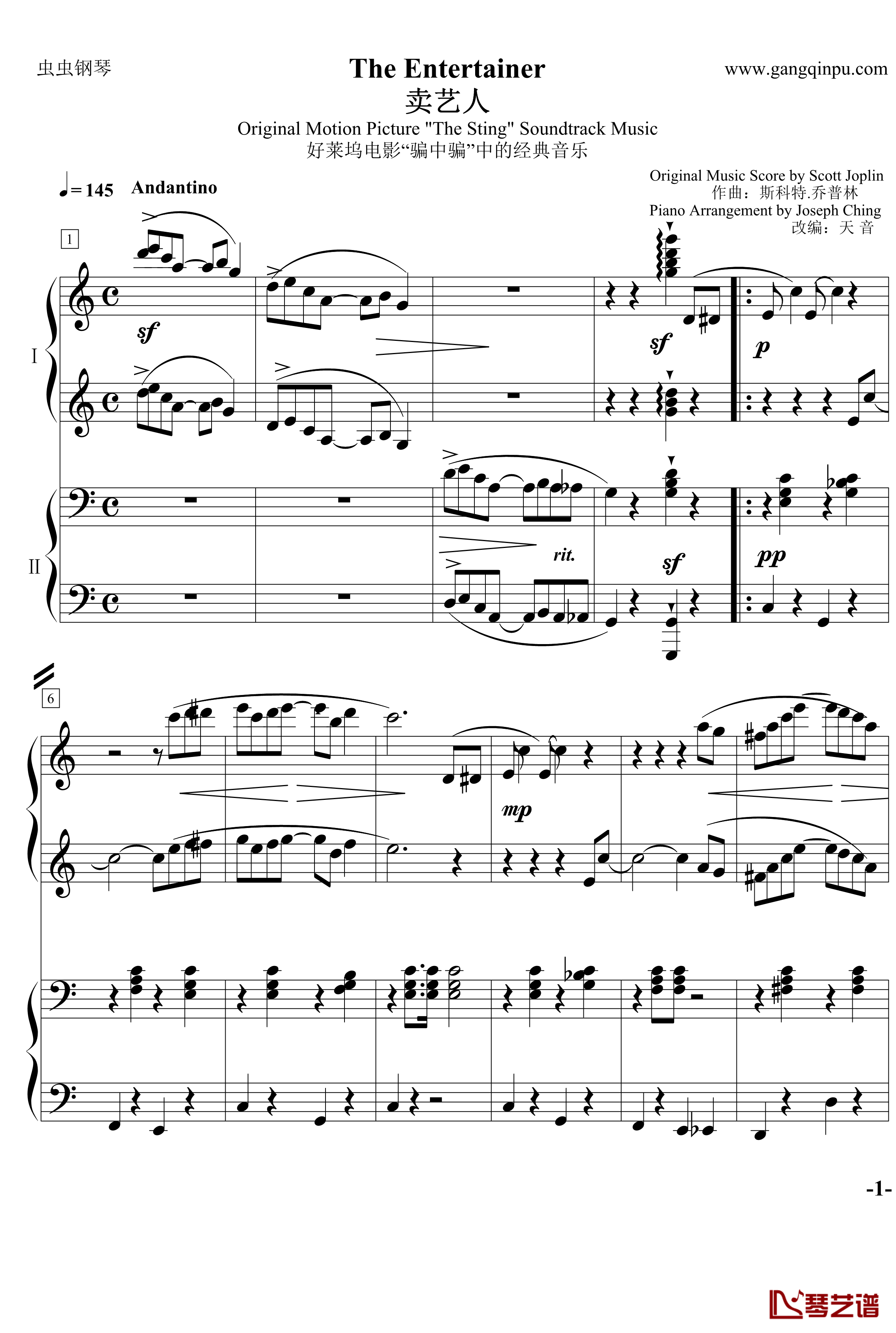 The Entertainer钢琴谱-四手联弹-Scott Joplin1