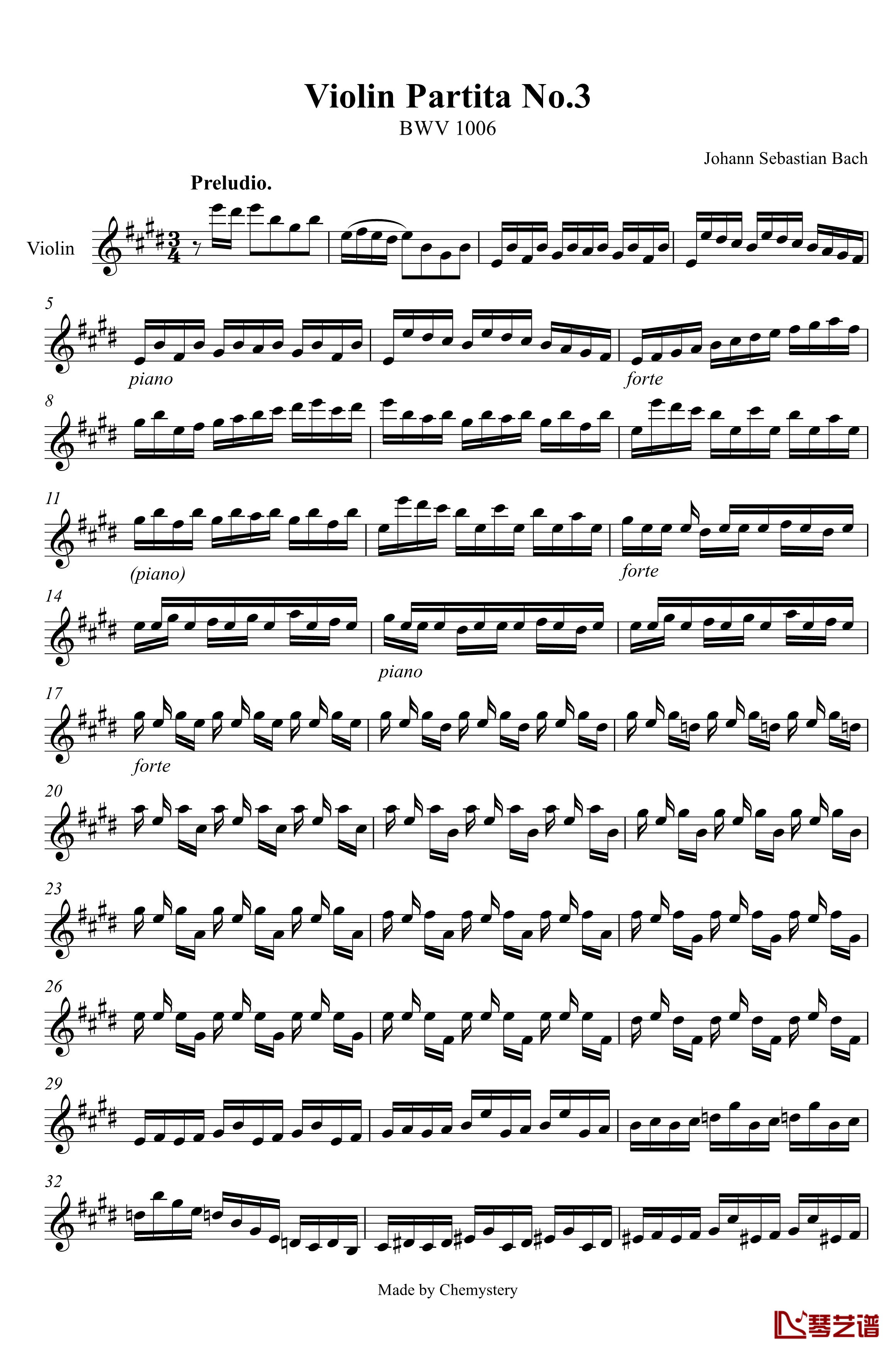 第3号无伴奏小提琴组曲钢琴谱-前奏曲-巴赫1