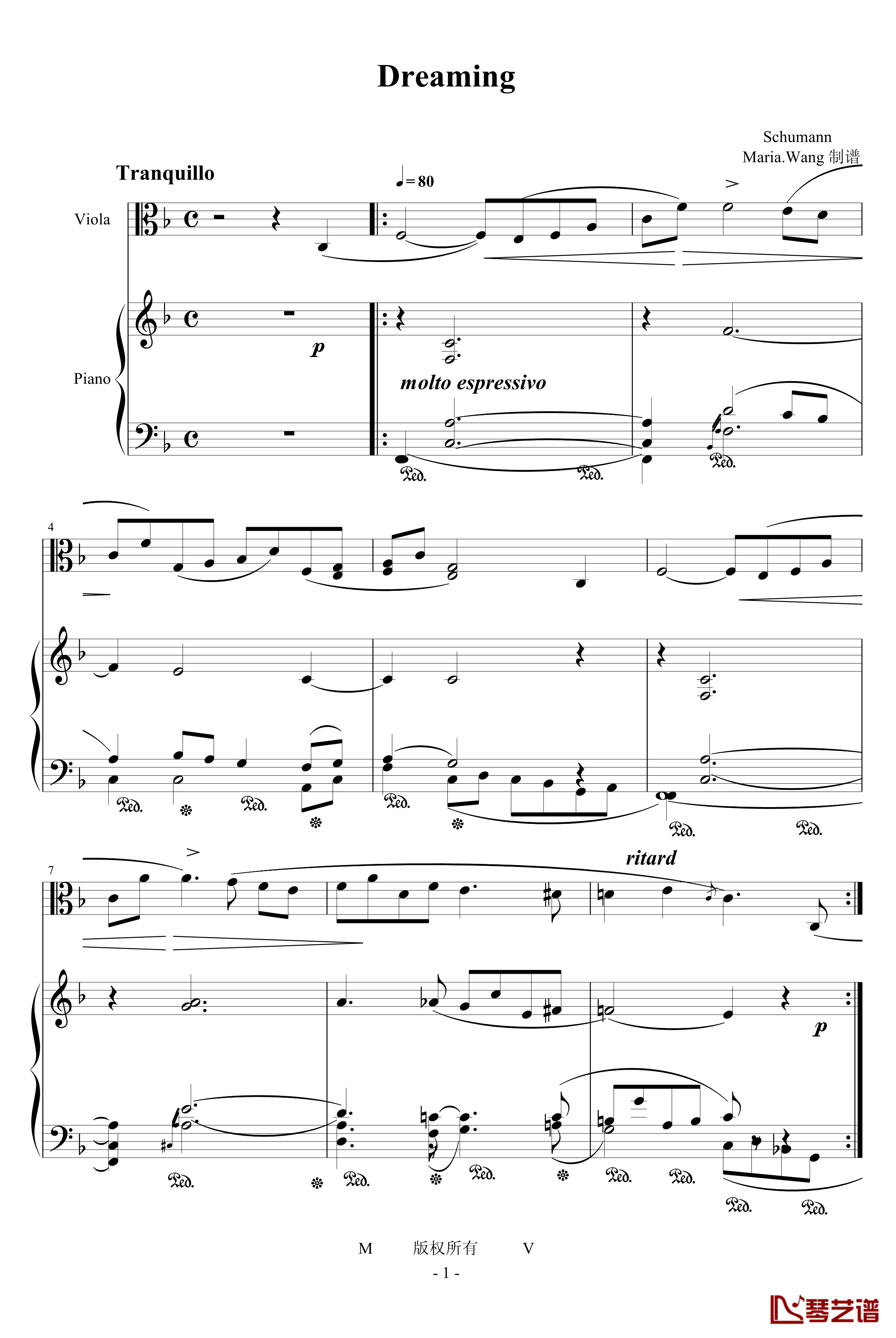 梦幻曲中提琴钢琴合奏钢琴谱-舒曼1