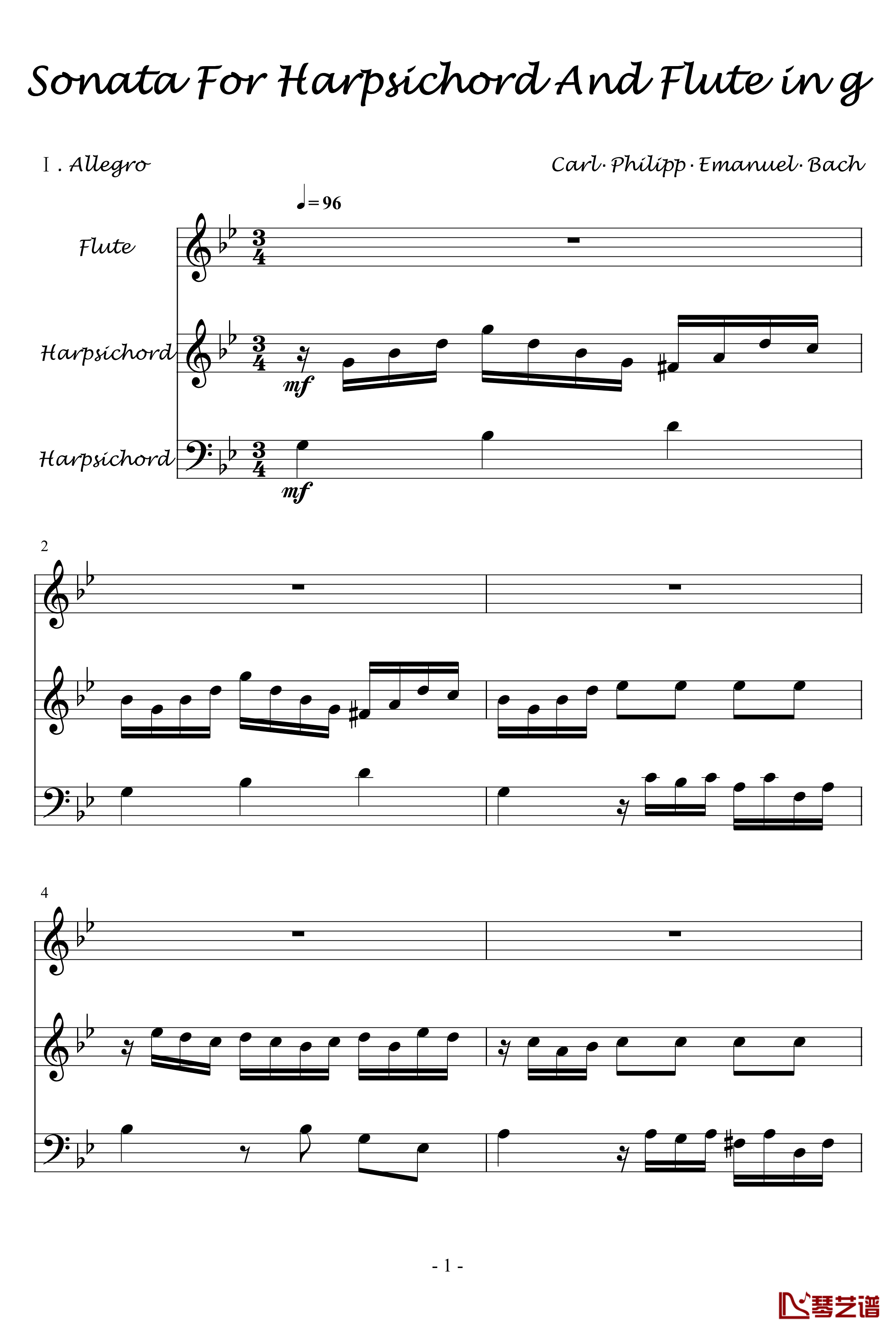 长笛与羽管键琴奏鸣曲第一乐章钢琴谱-巴赫-P.E.Bach1