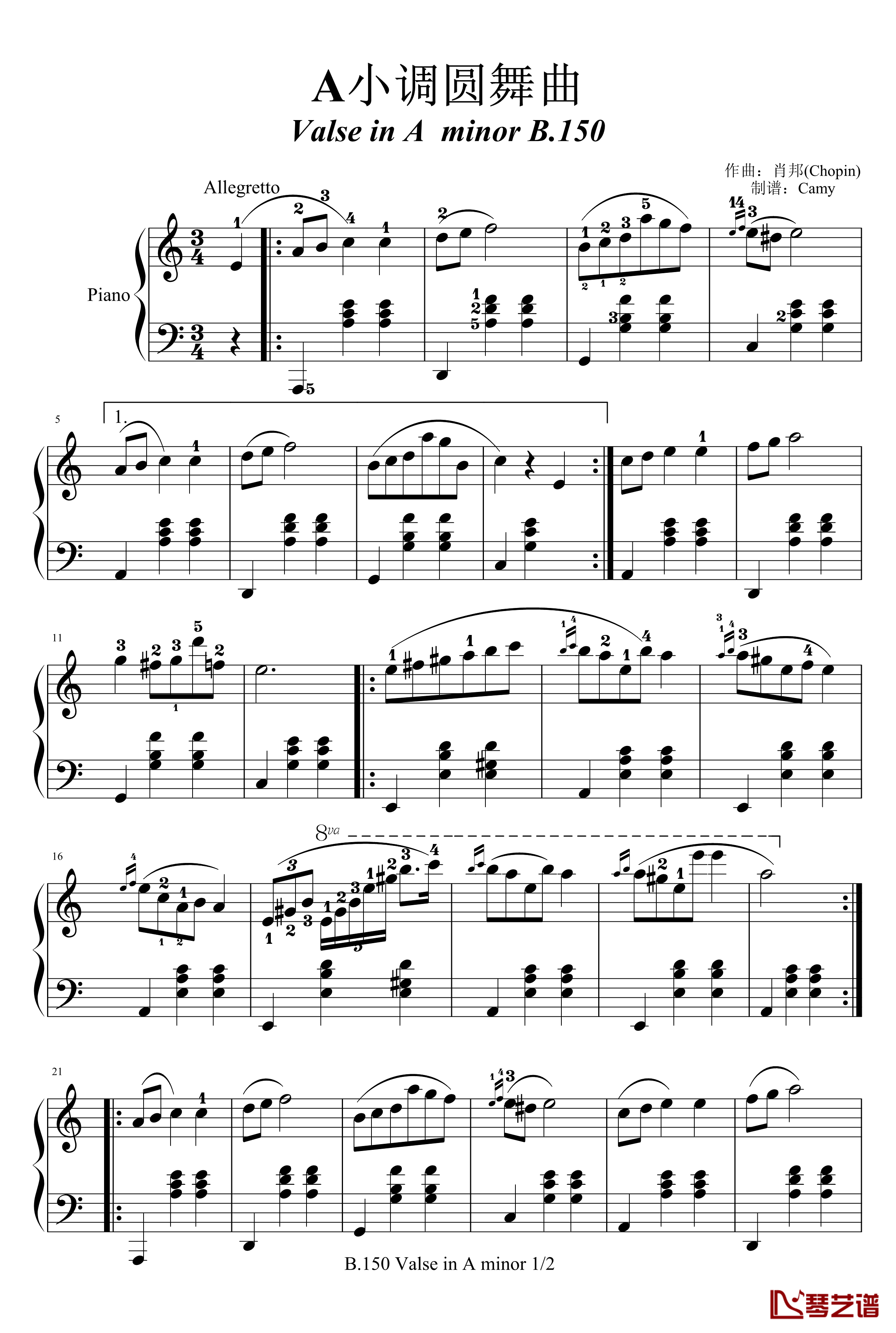 A小调圆舞曲钢琴谱-带指法B.150-肖邦-chopin1