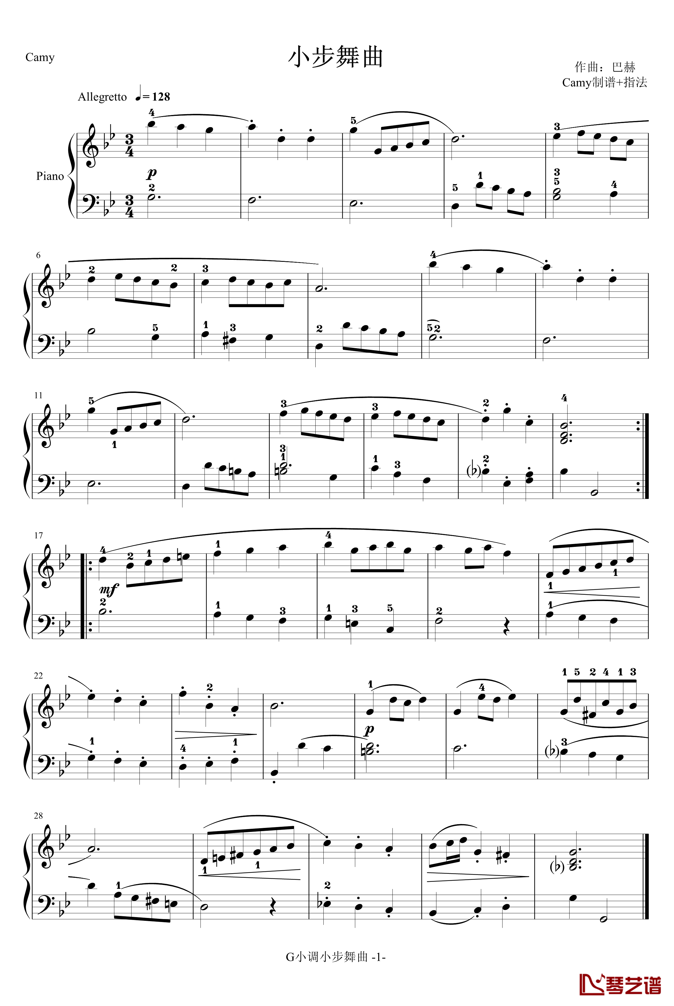 小步舞曲钢琴谱-G小调-巴赫-带指法1