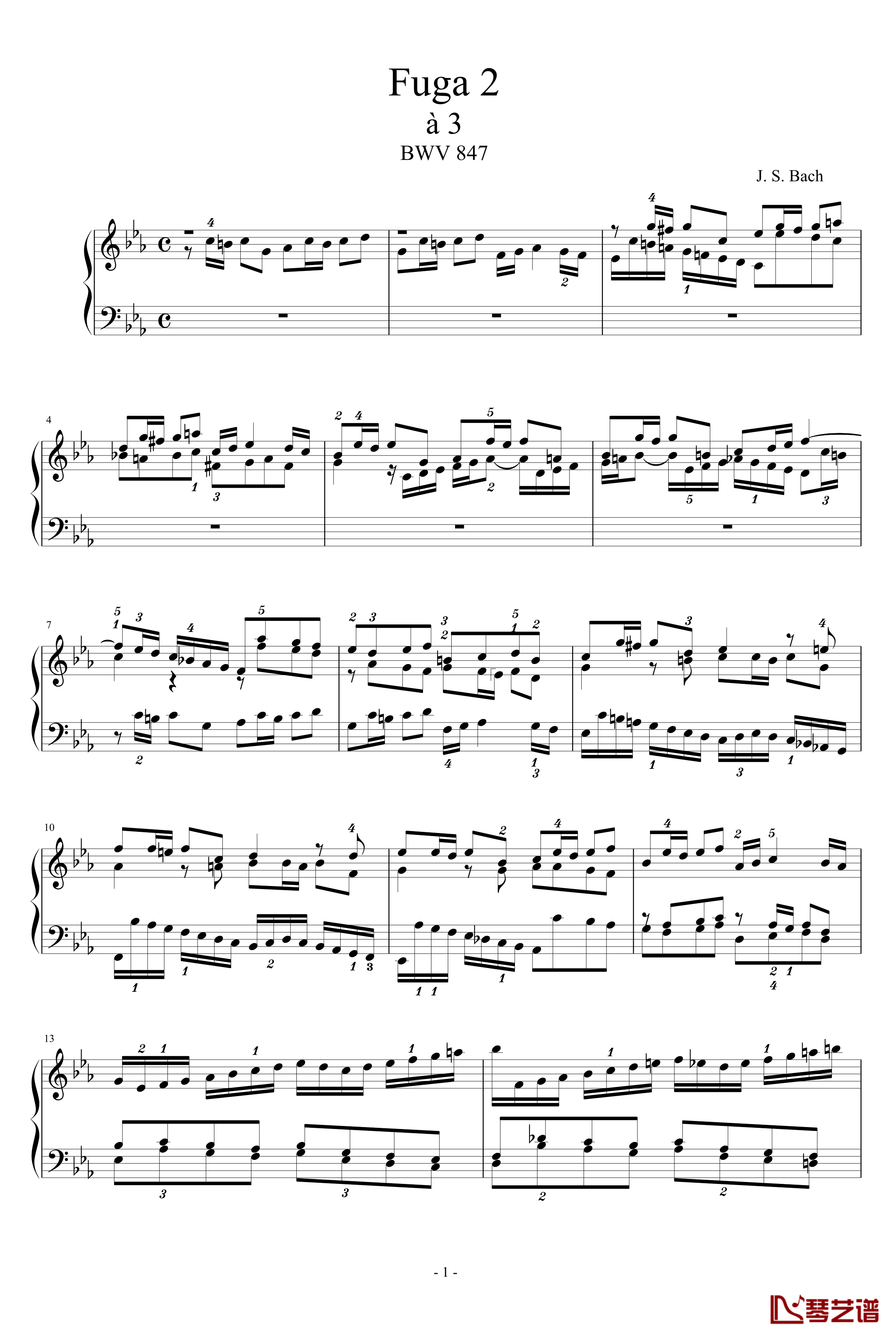 C小调赋格BWV847钢琴谱-指法-巴哈-Bach, Johann Sebastian1