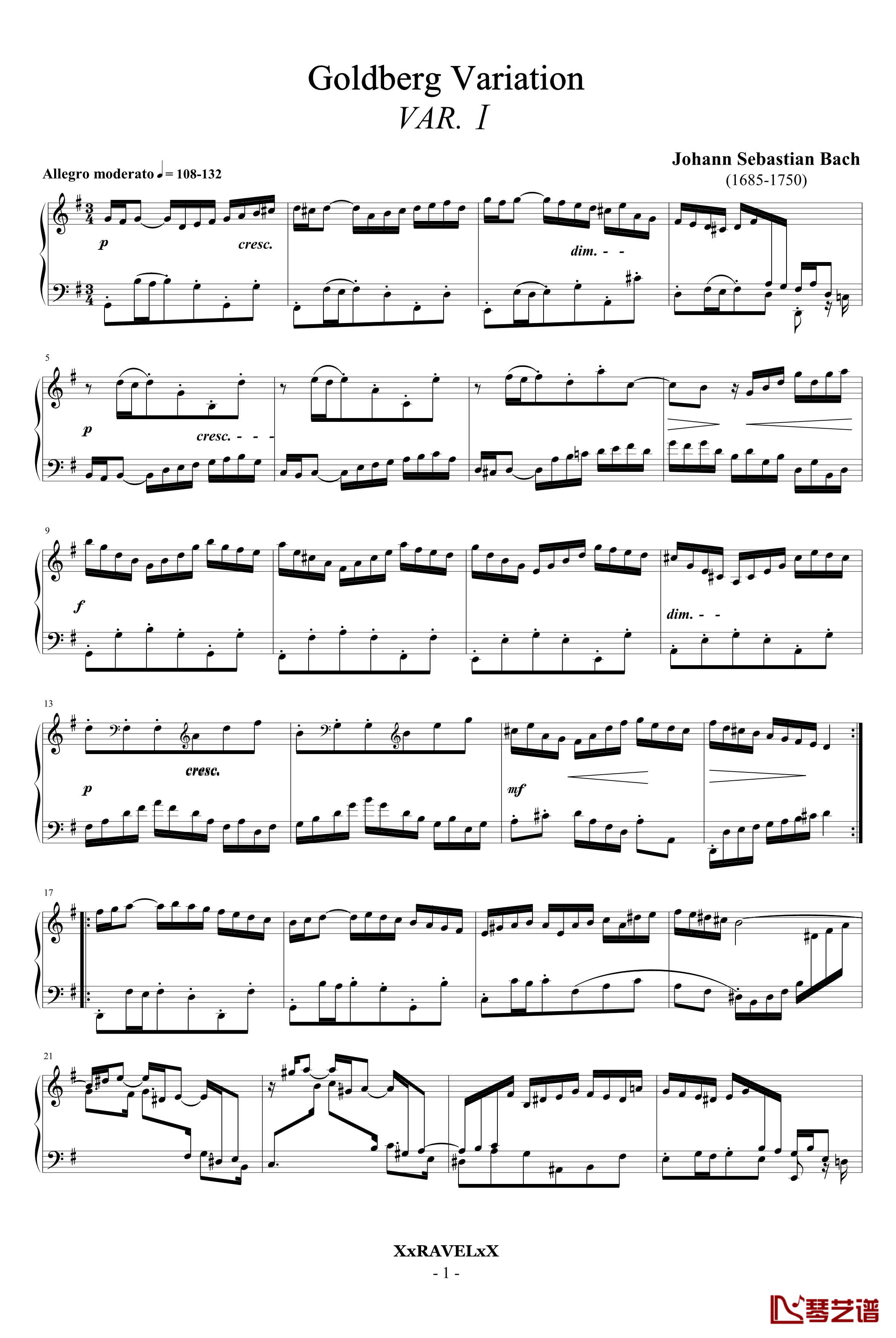 哥德堡变奏曲钢琴谱-Var.1-巴赫1