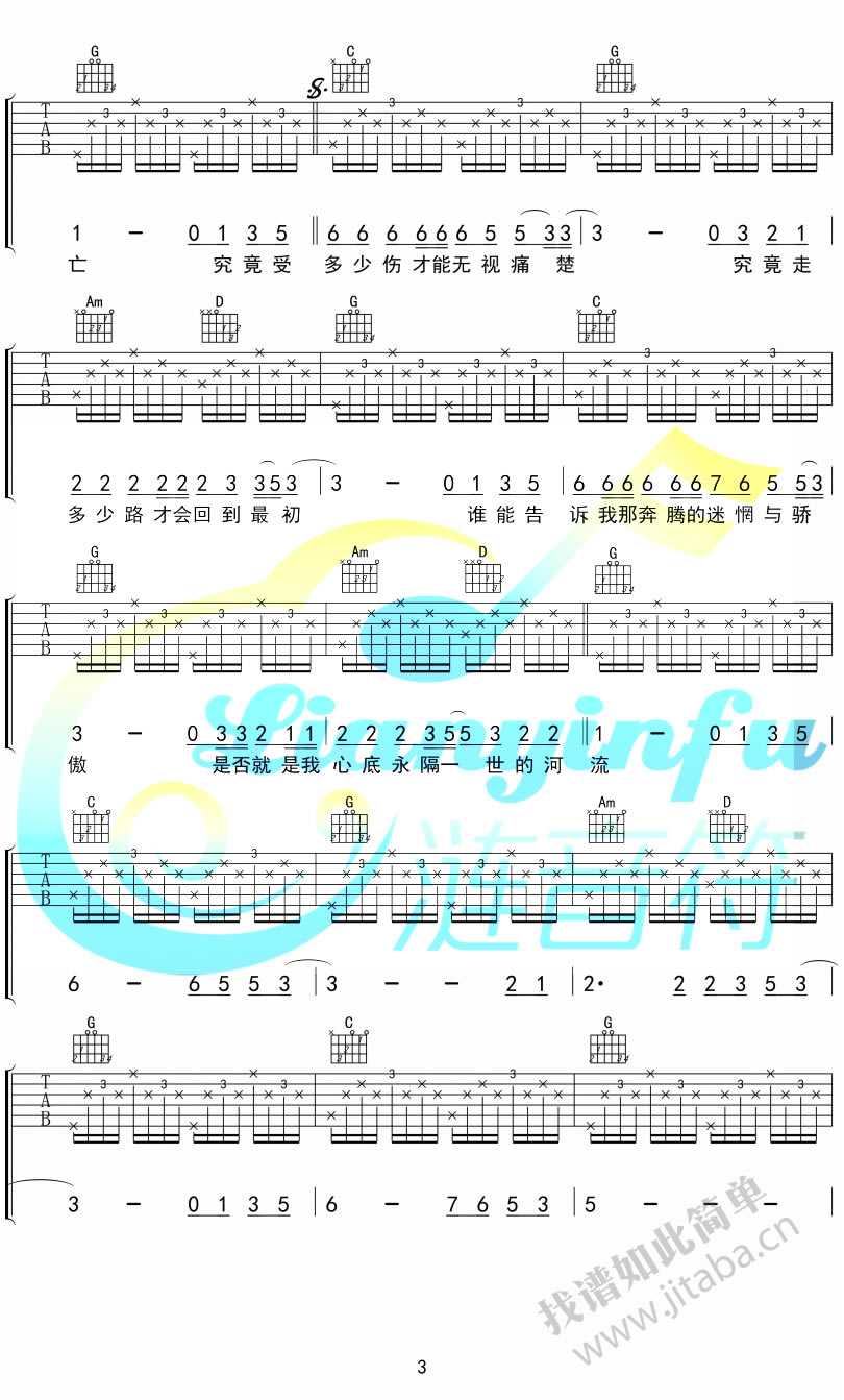 河流吉他谱-汪峰-河流六线谱-高清图片谱3