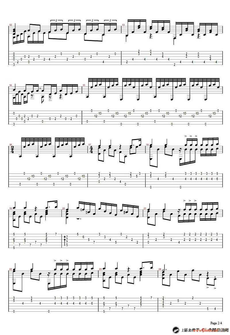 水边的阿狄丽娜吉他谱-指弹独奏谱-五线谱+六线谱2