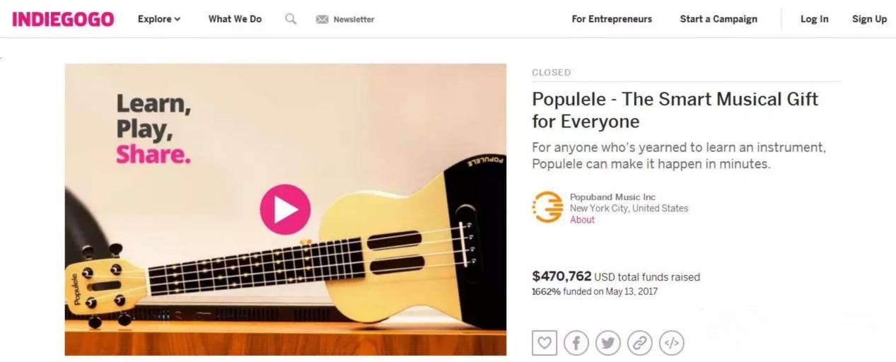 Populele智能尤克里里入选Indiegogo平台最佳2